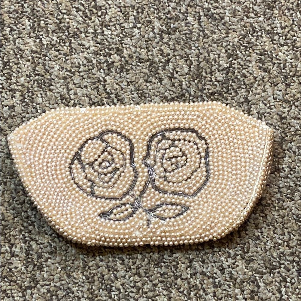 Vintage Made In Japan Elegant Pearl Clutch with Floral Design Mini Bag